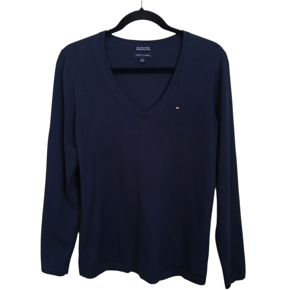 Tommy Hilfiger Women's Navy Blue V-neck Sweater Size Large With Logo Pima Blend